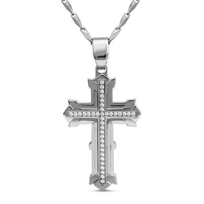 Picture of Silver-Tone Stainless Steel Men's 3D Cross with Center Cubic Zirconia Pendant Link Chain Necklace
