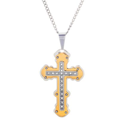 Imagen de Two-Tone Stainless Steel Men's Crystal Cross Curb Chain Necklace