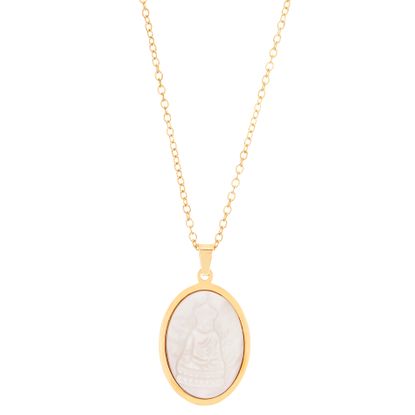 Imagen de Gold-Tone Stainless Steel Oval Freshwater Pearl Religious Disc Pendant 16 Cable Chain Necklace