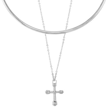 Picture of Silver-Tone Stainless Steel Cross Pendant Double Layered 16 Collar and 18 Cable Chain Necklace