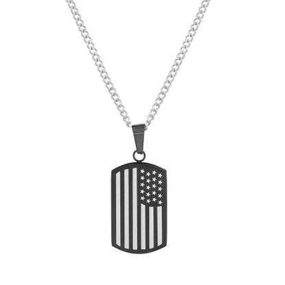 Imagen de Black-Tone Stainless Steel Men's American Flag/Prayer Dog Tag Pendant 22 Curb Chain Necklace