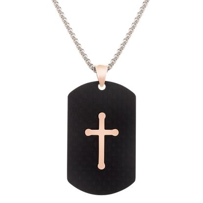 Imagen de Two-Tone Stainless Steel Carbon Fiber Cross Dog tag Round Box Chain Necklace