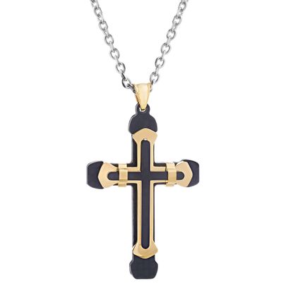 Imagen de White Gold & Black Rhodium Plated Stainless Steel Men's Double layered Cross Pendant Rolo Chain Necklace