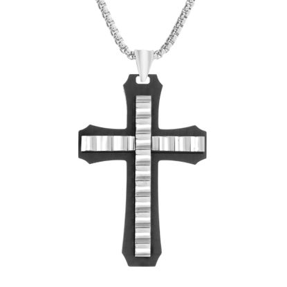 Imagen de Stainless Steel Men's Double layered Carbon Fiber Wavy Cross Pendant Box Chain Necklace