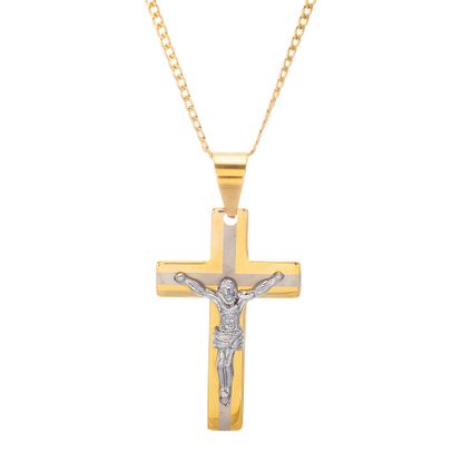 Imagen de Two-Tone Stainless Steel Men's Religious Cross Pendant Square Curb Chain Necklace