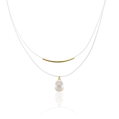 Imagen de Gold-Tone Alloy Curved Bar Dangling Freshwater Pearl Double Layered Wire Necklace