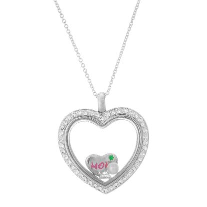 Imagen de Silver-Tone Brass Cubic Zirconia Heart with Mom/Freshwater Pearl/Simulated Diamond Charms Locket 18 Cable Chain Necklace