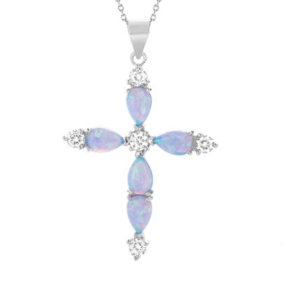 Picture of Sterling Silver Teardrop Blue Opal & CZ Cross Pendant On Cable Chain Necklace