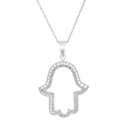 Picture of Cubic Zirconia Open Hamsa Pendant in Sterling Silver
