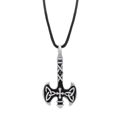 Picture of Silver-Tone Stainless Steel Mens Black Enamel Double Sided Ax Pendant 22+2 Black Leather Cord Necklace