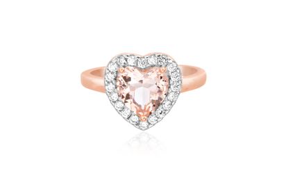 Picture of Lab Created Simulated Morganite Glass/Clear Cubic Zirconia Heart Halo Ring in Two-Tone Sterling Silver
