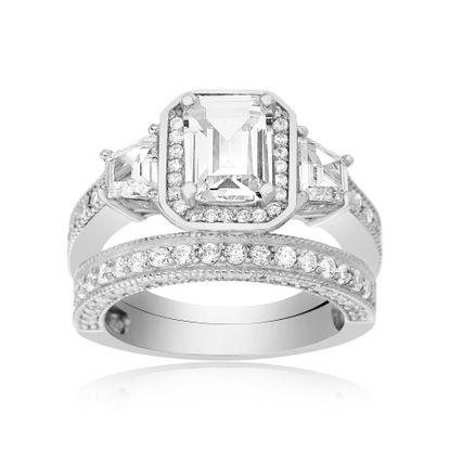 Picture of Cubic Zirconia Emerald Cut and Band Duo Engagement Ring Set in Sterling Silver