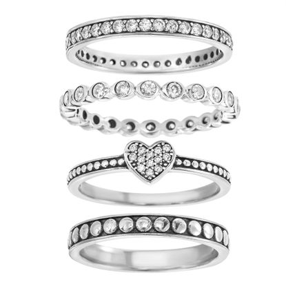 Picture of Sterling Silver Oxidized 4pc Cubic Zirconia Heart/Band Stackable Ring Set Size 7