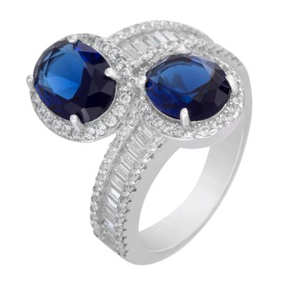Picture of Oval Blue & Clear Genuine Cubic Zirconia Bypass Ring in Sterling Silver