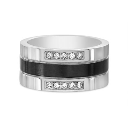 Picture of Silver-Tone Stainless Steel Men's Double Row Crystal Center Black Stripe Band Ring Size 10