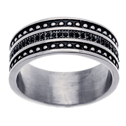 Picture of Silver-Tone Stainless Steel Cubic Zirconia 3 Row Bead Design and Black  Center Pave and Enamel Row Band Ring