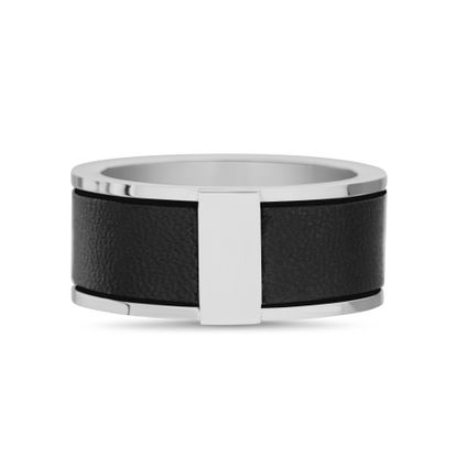 Picture of Silver-Tone Stainless Steel Black Leather Single Vertical Stripe Band Ring Size 11