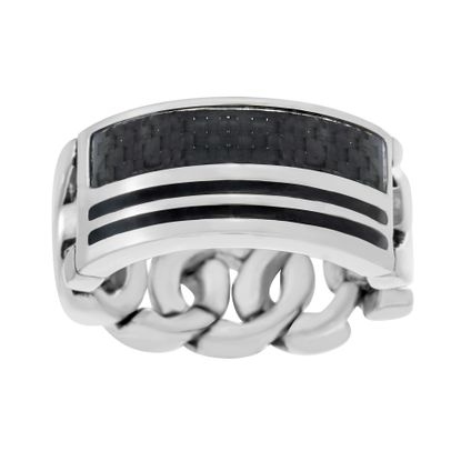 Picture of Two-Tone Stainless Steel Men's 2 Row Black Enamel Carbon Fiber Design Curb Chain Band Ring Size 10