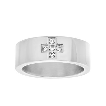 Picture of Silver-Tone Stainless Steel Men's Cubic Zirconia Cross Polished Band Ring Size 10
