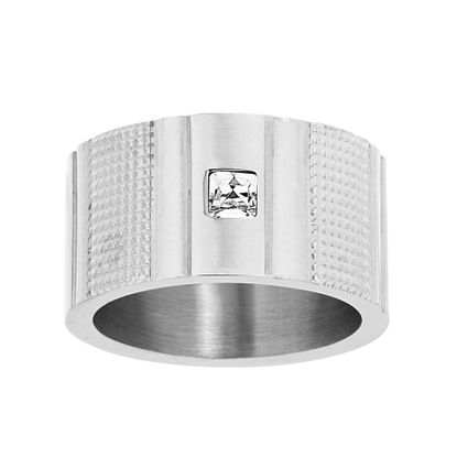 Picture of Silver-Tone Stainless Steel Men's Bezel Square Crystal Textured Band Ring Size 11