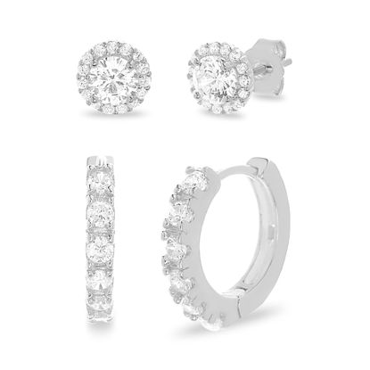 Imagen de Sterling Silver Cubic Zirconia Round Halo Stud and Pave Huggie Earring Set