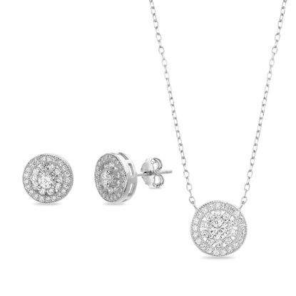 Picture of Sterling Silver Cubic Zirconia Flower Pendant 16+2 Cable Chain Necklace and Stud Earring Set