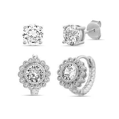 Picture of Sterling Silver Cubic Zirconia Duo Flower Design with Circle Bezel Center and 4 Prong Stud Earring Set