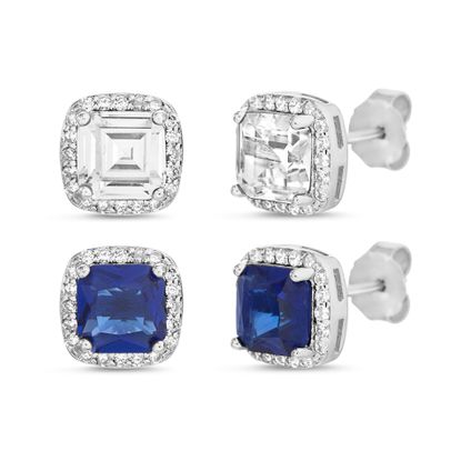 Picture of Sterling Silver Square Halo Clear/Royal Blue Cubic Zirconia 2 Piece 8mm Post Earring Set
