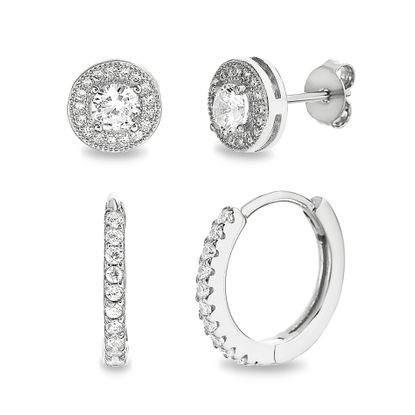 Picture of Sterling Silver Cubic Zirconia Halo and Studded Huggie Earring Set