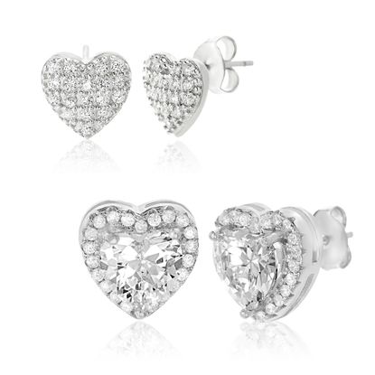 Picture of Rhodium Plated Sterling Silver Cubic Zirconia Pave & Halo Heart Post Duo Earring Set