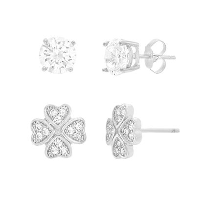 Picture of Silver-Tone Brass Cubic Zirconia Stud/Clover Duo Earring Set
