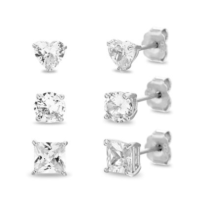 Picture of Sterling Silver 3 Piece Heart/Round/Square Cubic Zirconia Stud Post Earring Set