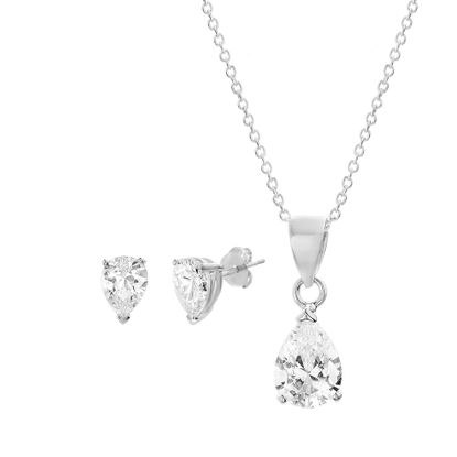 Picture of STERLING SILVER RHODIUM CLEAR 6X8MM TEARDROP CZ  STUD POST EARRING & PENDANT SET