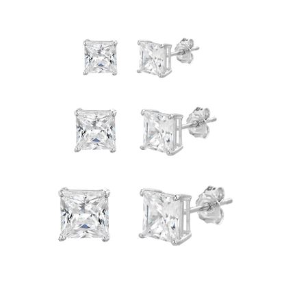 Picture of STERLING SILVER RHODIUM CZ PRINCESS CUT 3MM/4MM/5MM TRIO STUD EARRING SET