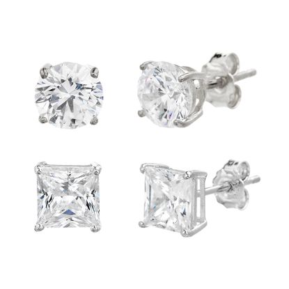 Imagen de Sterling Silver Round/Square Cubic Zirconia Duo Post Earring Set