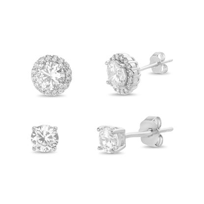 Picture of Sterling Silver Cubic Zirconia Round/ Square Halo And Round Cut Stones 3pc Post Earring Set