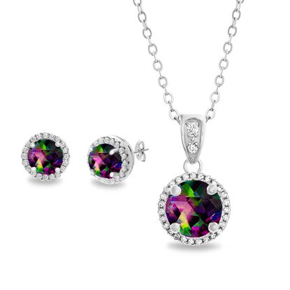 Picture of Sterling Silver Mystic Topaz Cubic Zirconia Border Pendant & Earring Set