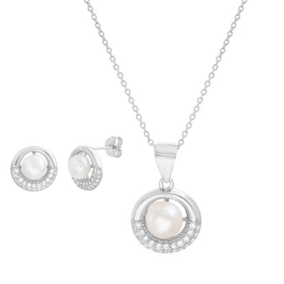 Imagen de Sterling Silver Freshwater Pearl/Cubic Zirconia Circle Design Pendant Cable Chain Necklace and Post Earring Set