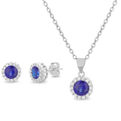 Picture of Blue and Clear Cubic Zirconia Halo Necklace and Earring Set in Sterling Silver
