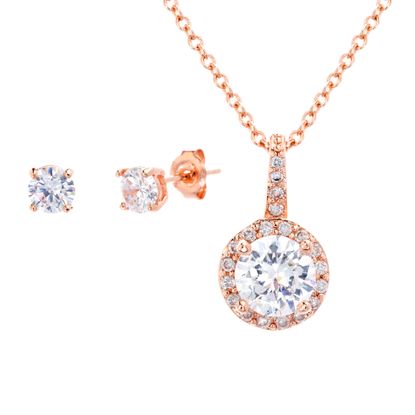 Picture of Brass Cubic Zirconia Round Pendant Cable Chain Necklace & Earring Set