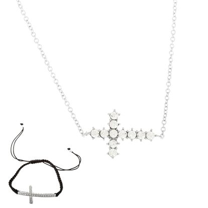 Picture of Silver-Tone Brass Cubic Zirconia Adjustable Cross Bracelet and Necklace Set