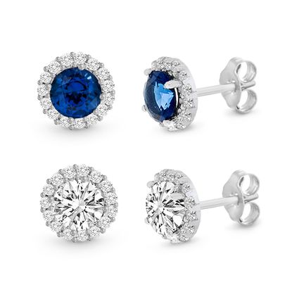 Picture of Round Simulated Blue Sapphire and Clear Cubic Zirconia Halo Stud Earring 2 pc Set in Rhodium over Brass