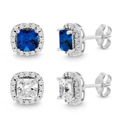 Picture of Simulated Cushion Blue Sapphire and Clear Cubic Zirconia Halo Stud Earring 2 pc Set in Rhodium over Brass