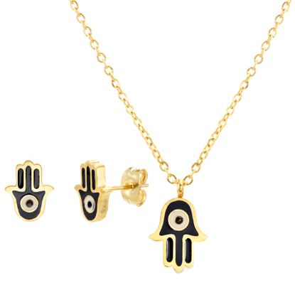 Imagen de Gold-Tone Stainless Steel Black Enamel Evil Eye Hamsa Hand Necklace and Earring Set