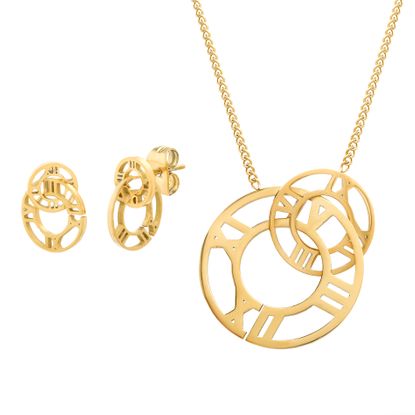 Imagen de Gold-Tone Stainless Steel Round Roman Numeral Open Work Pendant 26 Curb Chain Necklace and Post Earring Set
