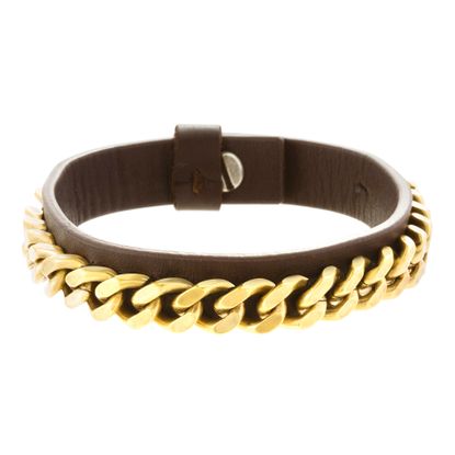 Picture of Steve Madden Gold-Tone Stainless Steel Men's Curb Chain Black Leather Bracelet