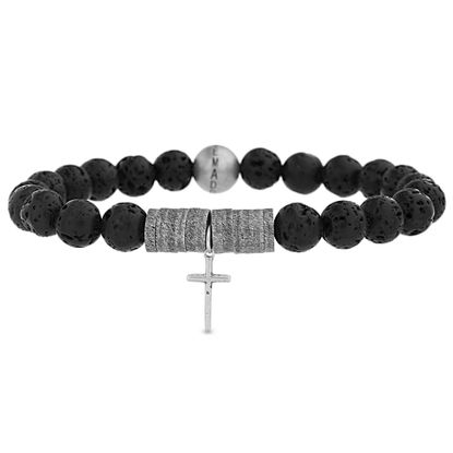 Picture of Steve Madden Silver-Tone Stainless Steel Mens Oxidized Cross Charm 7 Lava Bead Stretch Bracelet