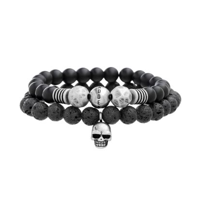 Picture of Steve Madden Silver-Tone Stainless Steel Men's Oxidized Skull Charm Double Layered Lava/Black Onyx Bead 7.5 Stretch Bracelet Set