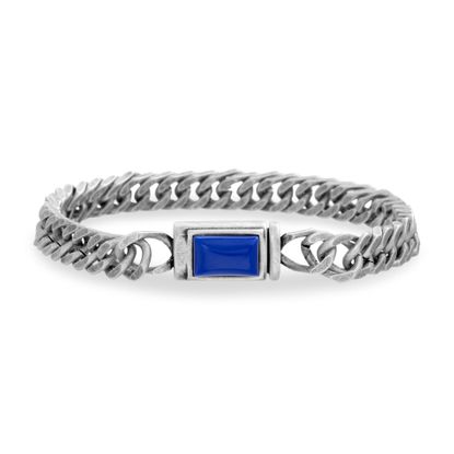 Picture of Steve Madden Men's Blue Simulated Lapis Rectangle Design Curb Chain Bracelet in Stainless Steel, Silver-Tone, One Size
