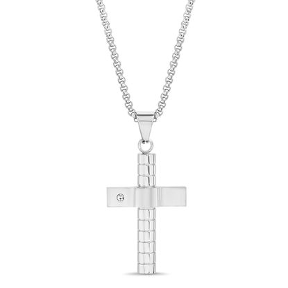 Picture of Silver-Tone Stainless Steel Cubic Zirconia Rounded and Ribbed Cross on Box Chain Necklace